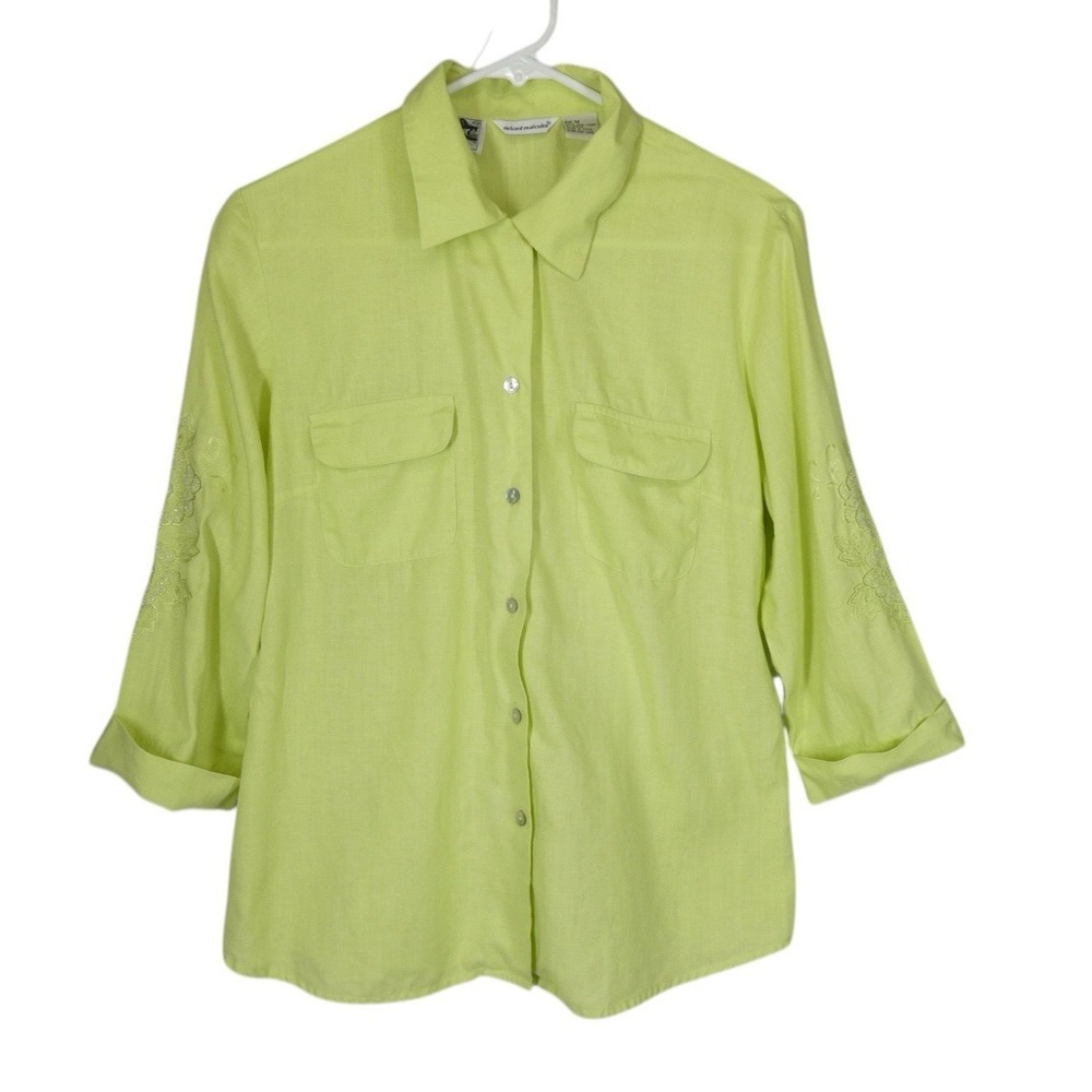 Irish Linen‎ Button Up Blouse M Embellished Embroidered Beaded Richard Malcom